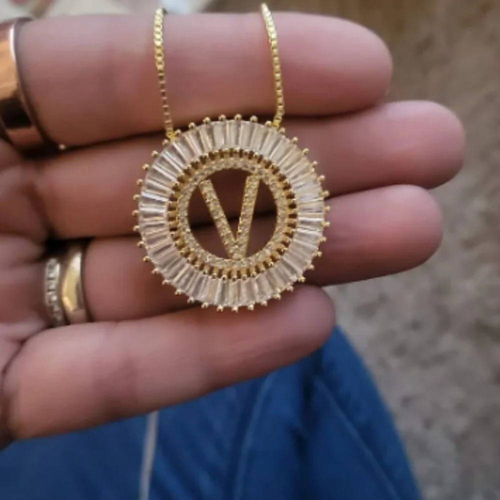 Yellow Gold Women's Large Letter Detail Cubic Zirconia Round Charm Necklace_2